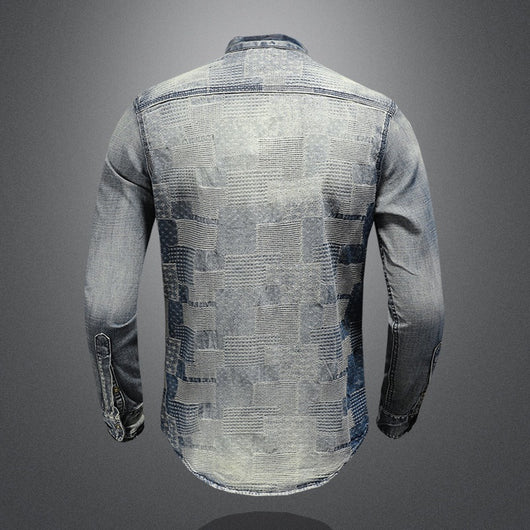 Camisa Denim Punk con Parches de Colores Retro para Hombre - Image 9