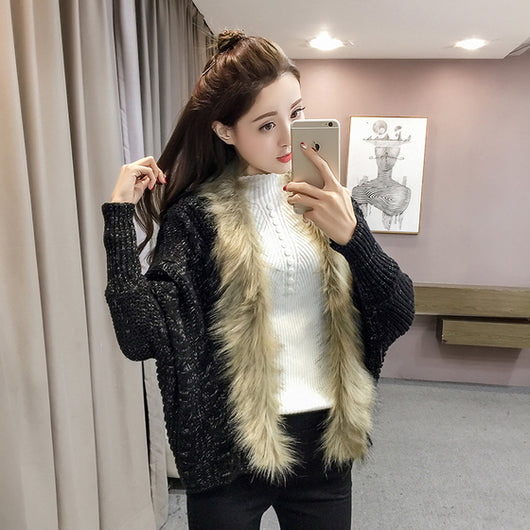 Cardigan Suelto Talla Grande con Cuello de Piel - Suéter Capa Manga Murciélago Otoño Invierno - Image 3