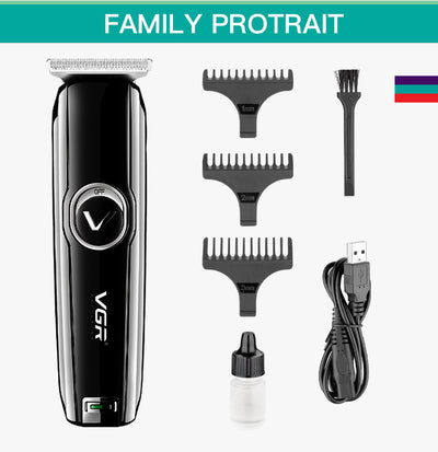 Black VGR rechargeable hair trimmer with silver blade, USB charging cable, cleaning brush, oil, and three guide combs (1mm, 2mm, 3mm). - Image 7