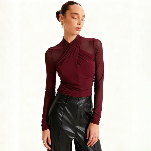 Blusa Cuello Redondo con Malla Fruncida y Detalles Cruzados - Image 19