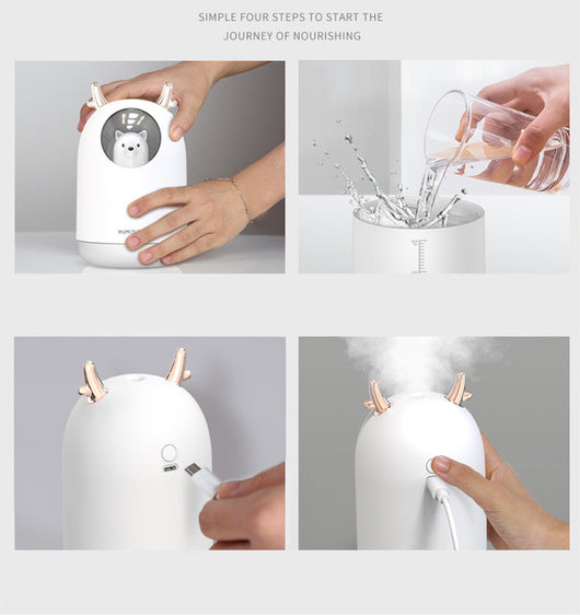 White and pink cute bear mini humidifiers with gold deer antlers, emitting a fine mist. - Image 14