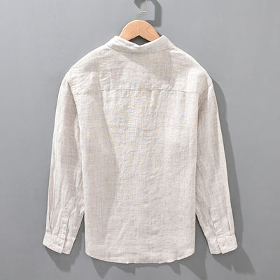 Camisa de Lino Transpirable Suelta para Hombre Color Sólido - Image 3