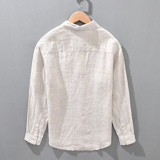 Camisa de Lino Transpirable Suelta para Hombre Color Sólido - Image 3