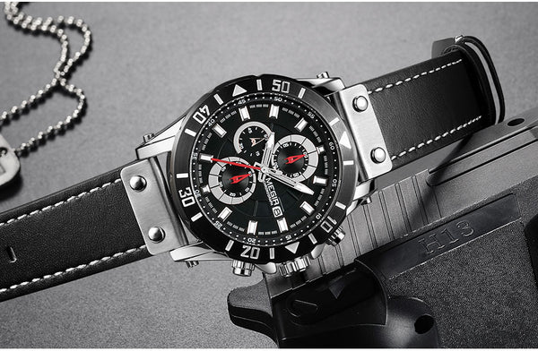 Reloj de Cuarzo para Hombre con Cronógrafo de Tres Ojos y Correa de Cuero