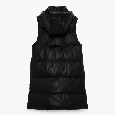 Chaleco Acolchado Negro con Capucha - Diseño Moderno en Cuero Sintético - Image 8