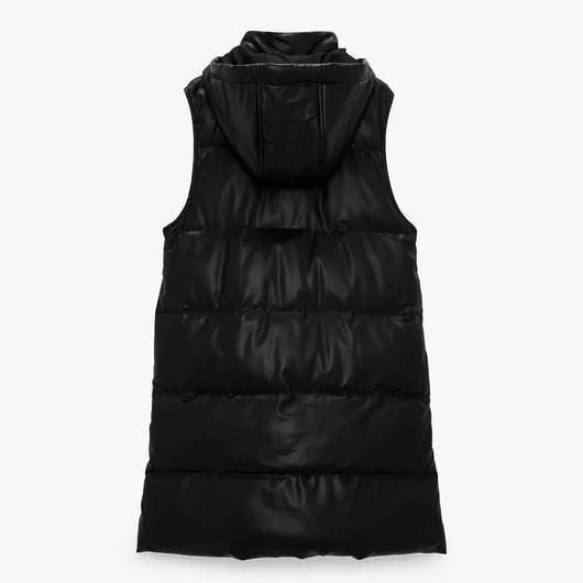 Chaleco Acolchado Negro con Capucha - Diseño Moderno en Cuero Sintético - Image 8