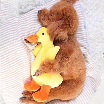 Brown poodle dog sleeping soundly, cuddling a yellow plush duck toy with orange beak and feet on a striped pillow.