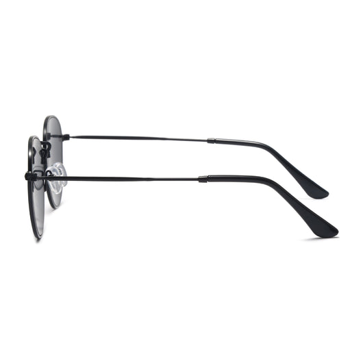 Black metal round frame anti-blue ray glasses with clear lenses, shown at an angle on a white background. - Image 17
