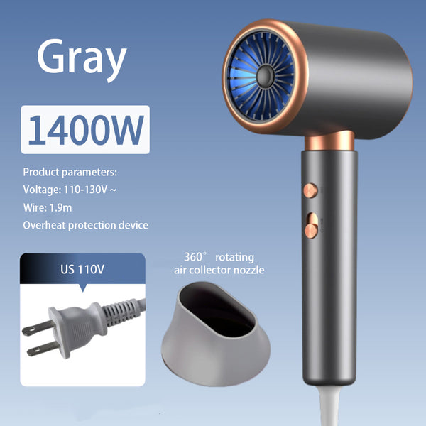 White professional hair dryer with rose gold accents, blue fan, and two control buttons, shown with a US 110V plug and a 360-degree rotating air collector nozzl - Image 8