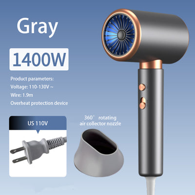 White professional hair dryer with rose gold accents, blue fan, and two control buttons, shown with a US 110V plug and a 360-degree rotating air collector nozzl - Image 8