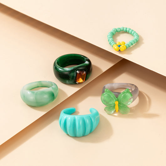 Juego de 5 Anillos Ajustables con Perlas de Arroz, Diamantes y Mariposa de Resina - Image 4