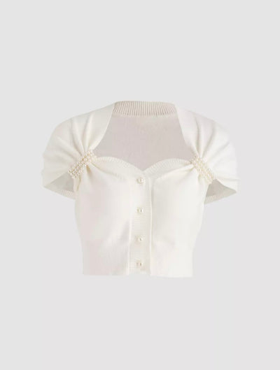 Blusa de Punto Blanco con Cadena de Perlas y Manga Corta - Image 4