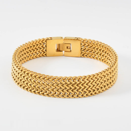 Pulsera de Oro para Hombre con Placa Curva y Diseño de Malla - Brazalete Hip-hop Elegante - Image 5