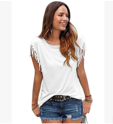 Camiseta de Algodón Talla Grande con Cuello Redondo y Detalles de Borlas - Image 10
