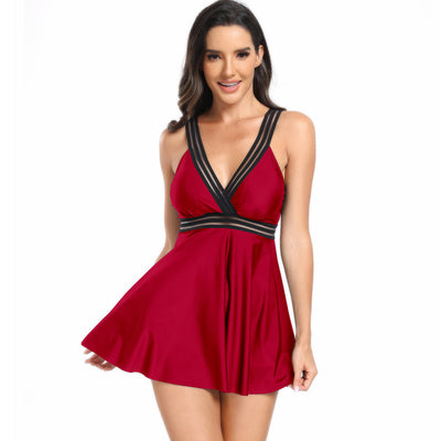 Royal blue V-neck swimsuit dress with gold and black patterned trim on neckline and empire waist. - Image 13
