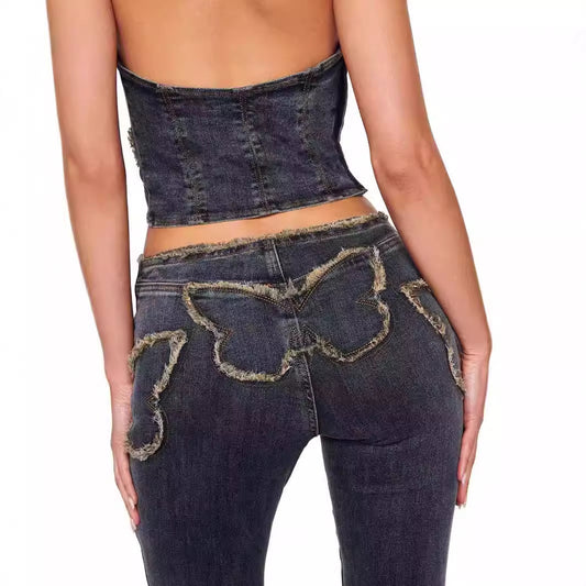 Jeans Slim Fit Retro con Bordado de Mariposas para Mujer - Image 2