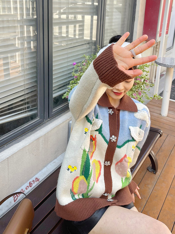 Cardigan de Lana Tejido con Botones de Cristal y Bordado Floral Tulipán