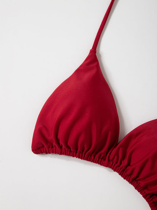 Red solid color two-piece bikini swimsuit with a halter tie-top and adjustable tie-side thong bottom. - Image 23