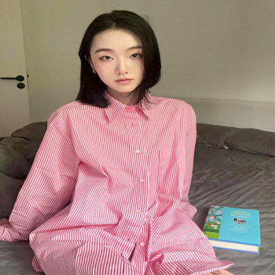 Camisa Suelta de Algodón a Rayas con Manga Larga para Mujer - Image 2