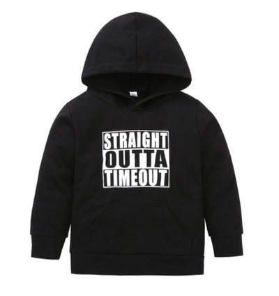 Black children's hooded pullover sweater with "STRAIGHT OUTTA TIMEOUT" in white text and a kangaroo pocket. - Image 3