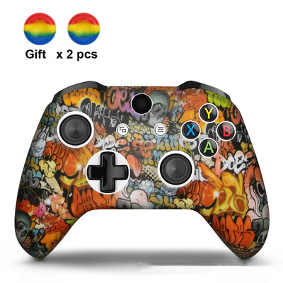 White silicone sleeve for game controller with colorful graffiti pattern, includes two rainbow thumbstick caps. - Image 7