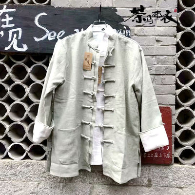 Camisa Larga de Algodón y Lino Estilo Chino con Botones - Image 6