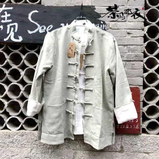 Camisa Larga de Algodón y Lino Estilo Chino con Botones - Image 6