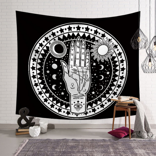 Black and white tapestry featuring a palmistry hand with sun, moon, and stars, perfect for mystical home decor. - Image 3