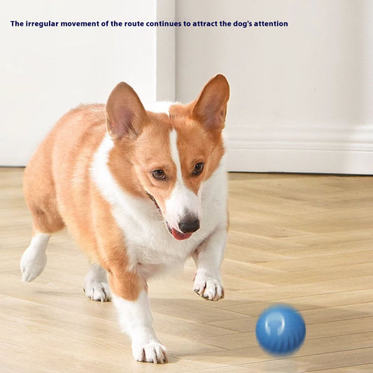Blue gravity intelligent charging dog toy, a spherical interactive pet ball with a textured wavy surface and power button.