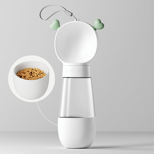Yellow and clear portable pet water bottle with integrated drinking bowl and separate food container for walking dogs. - Image 17