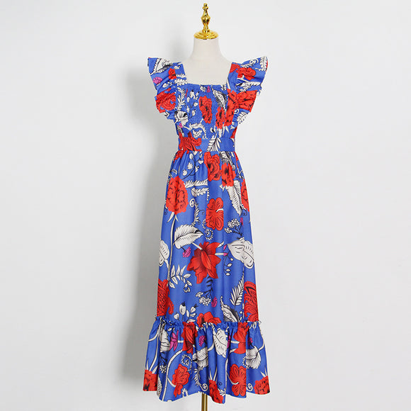 Vestido Estampado de Verano con Cuello Cuadrado y Falda Amplia