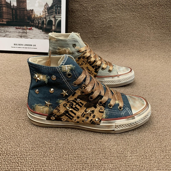 Botas Altas de Lona con Remaches Estilo Vaquero para Mujer