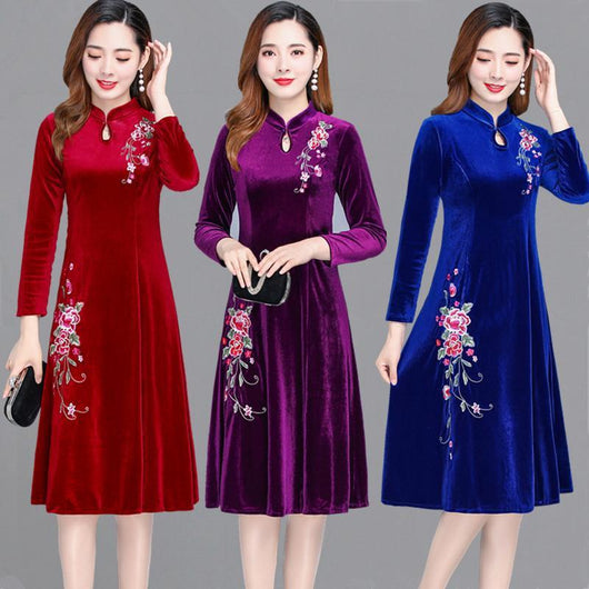 Vestido Mujer Estilo Occidental Terciopelo Dorado Manga Larga - Image 15