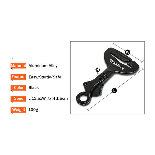 Black metal pet car safety buckle with a top slot for seatbelt and a swivel snap hook, featuring 'Truelove' branding. - Image 4