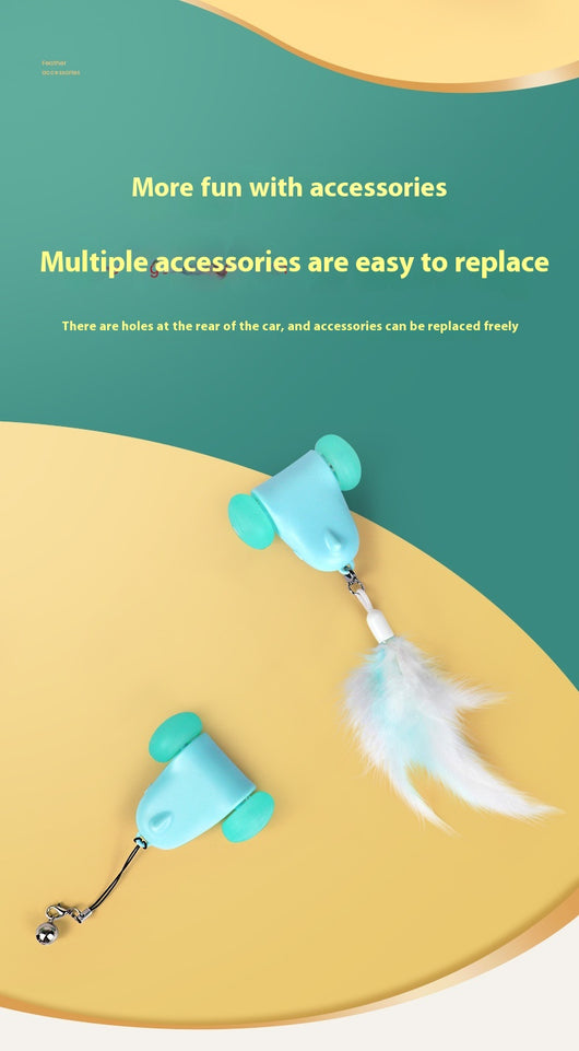 Blue smart cat toy with teal wheels and an attached light blue feather wand, plus a butterfly attachment with bell. - Image 8