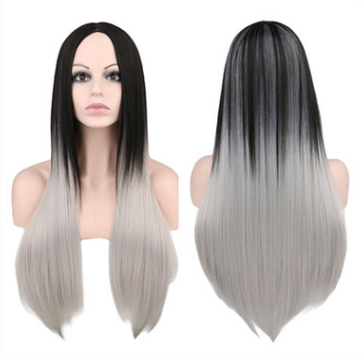 Peluca Larga Degradada Negra a Gris 68cm Cabello Sintético Liso Fibra de Alta Temperatura