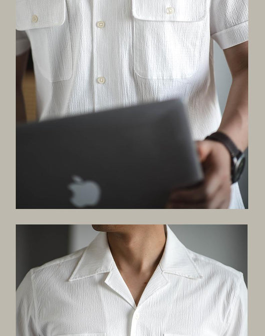 Camisa Retro Seersucker de Color Sólido con Cuello Cubano Británico - Image 16