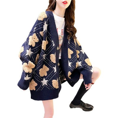 Cardigan Suelto de Punto con Osito para Mujer - Cuello V Oversize - Image 5