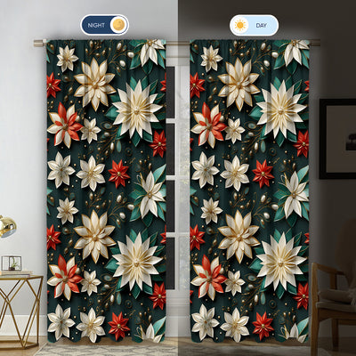 Pair of Christmas curtains with a 3D digital print of a snowy winter window scene, frosted trees, and snowflakes. - Image 29