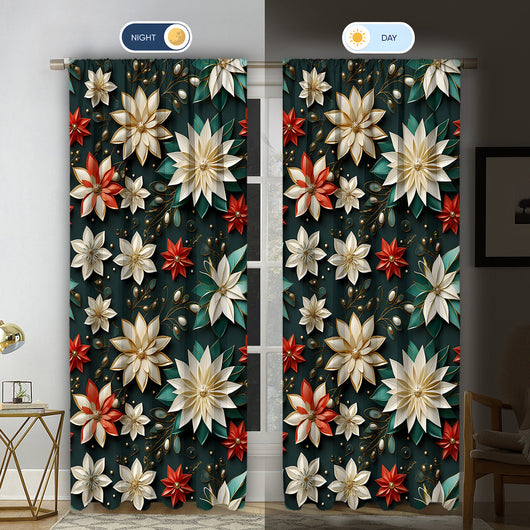 Pair of Christmas curtains with a 3D digital print of a snowy winter window scene, frosted trees, and snowflakes. - Image 29