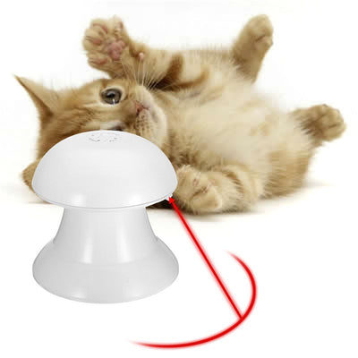 Orange tabby kitten playing with a white mushroom-shaped automatic laser cat toy, projecting a red laser dot. - Image 3