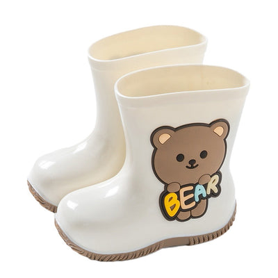 White children's rain boots with a brown cartoon bear holding colorful 'BEAR' lettering and a white fleece lining. - Image 3