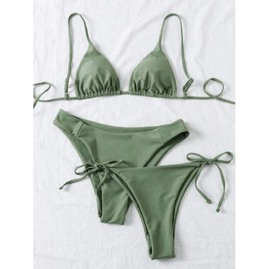 Lavender three-piece bikini set with a triangle top, tie-side bottom, and high-cut bottom, displayed with a straw hat and purple sunglasses. - Image 19
