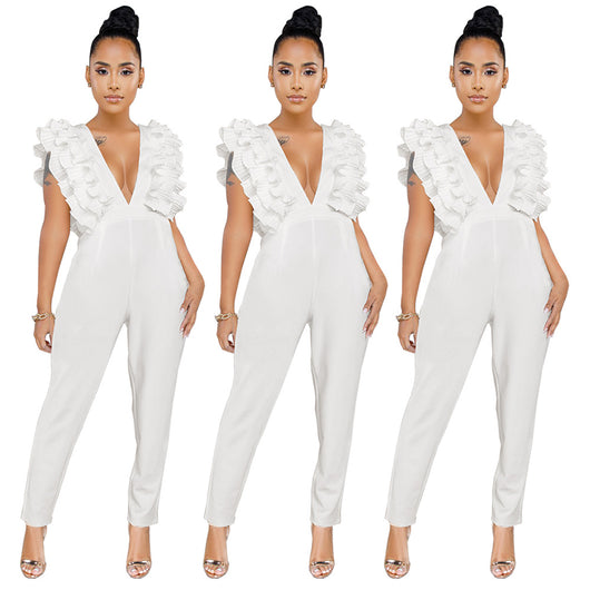Jumpsuit Escote en V Profundo de Color Sólido - Image 4