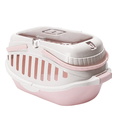 White and pink portable pet carrier with a transparent brown top, ventilation slots, and a sturdy handle. - Image 5