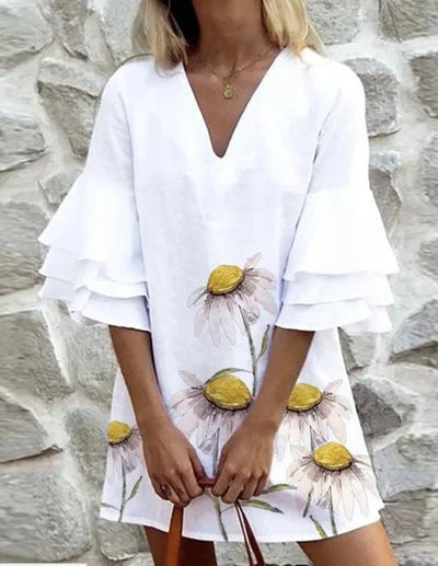 Vestido Casual Estampado con Diseño de Hoja de Loto Blanco