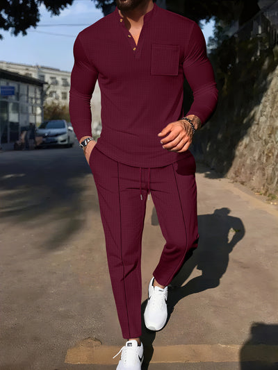 Conjunto Casual de Pantalón y Camiseta Henley Texturizada de Manga Larga para Hombre - Image 13