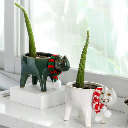 Maceta Decorativa de Cerámica con Diseño de Gato y Cactus