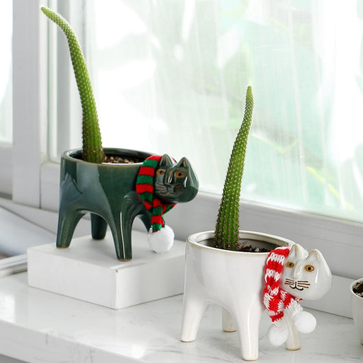 Maceta Decorativa de Cerámica con Diseño de Gato y Cactus