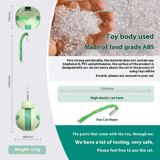 Green and light green plastic cat food leakage toy with a spherical body, cutouts, and a braided rope. - Image 8